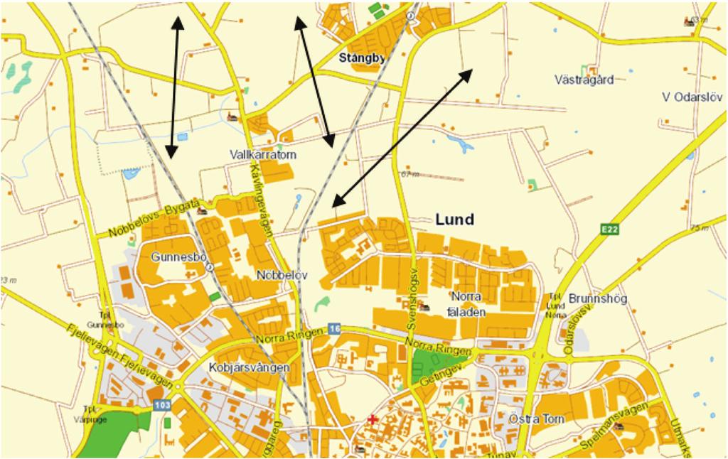 Stegvis utbyggnad av Södra stambanan Höghastighetsbana delen Lund - Hässleholm Sidan 18 av 30 Möjliga in- och utfarter i Lund och Hässleholm För att ansluta den nya banan till Lund respektive