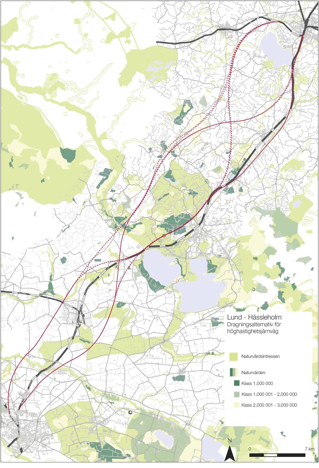 Stegvis utbyggnad av Södra stambanan Höghastighetsbana delen Lund - Hässleholm Samtliga alternativ är lagda för att minimera intrång i naturvärden och naturvårdsintressen.