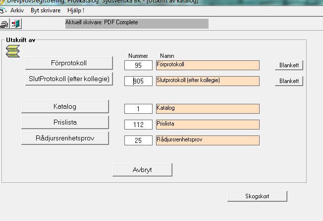 I denna meny kan man välja att skriva ut samtliga protokoll efter kollegium med knapp SlutProtokoll (efter kollegie). Man kan även här skriva ut protokollen ett och ett genom att ange katalognr.