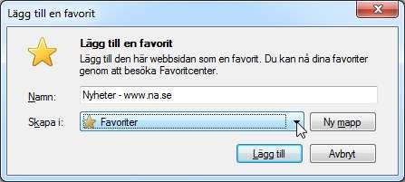 Öppna en webbsida som du lätt vill kunna besöka senare 2. Klicka på knappen Favoriter, Feeds och Historik (stjärnan) 3.