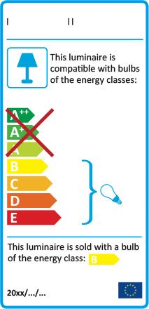 Energimärkning av armaturer för lampor i energieffektivitetsklasserna B till E Etiketten används för armaturer som bara är lämpliga för lampor i de sämre energieffektivitetsklasserna, klass B till E.