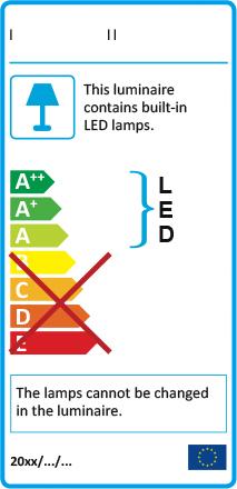 Energimärkning för armaturer i energieffektivitetsklasserna A++ till A Etiketten visar att armaturen är lämplig för LED-lampor i energieffektivitetsklasserna A++ till A och att LED-lamporna som