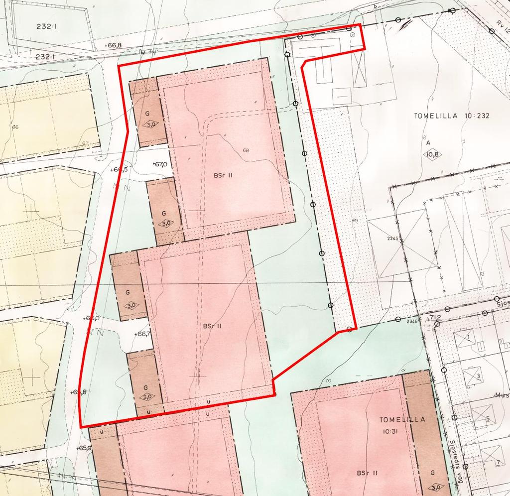 Urklipp av detaljplan S68 över Hallen 2 och Hallen 3 m.fl. Den röda markeringen motsvarar planområdesgränsen för gällande detaljplan S109.