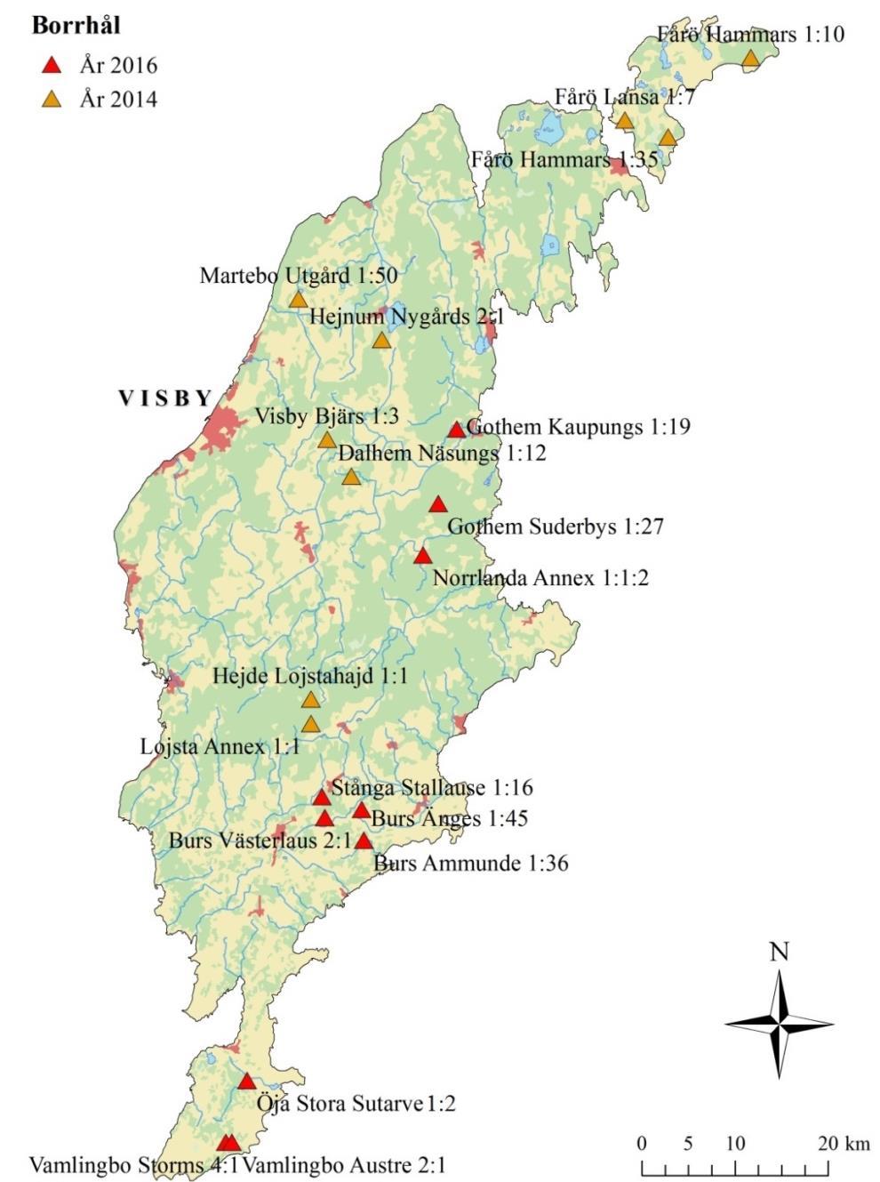 Figur 6 Karta över tillgängliga borrhål på Gotland (GSD-Översiktskarta Lantmäteriet). Röda punkter är borrhål anlagda år 2016 och orangea år 2014.