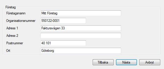 Skapa ny databas - information om mitt företag Skriv därefter in uppgifterna för ditt företag.