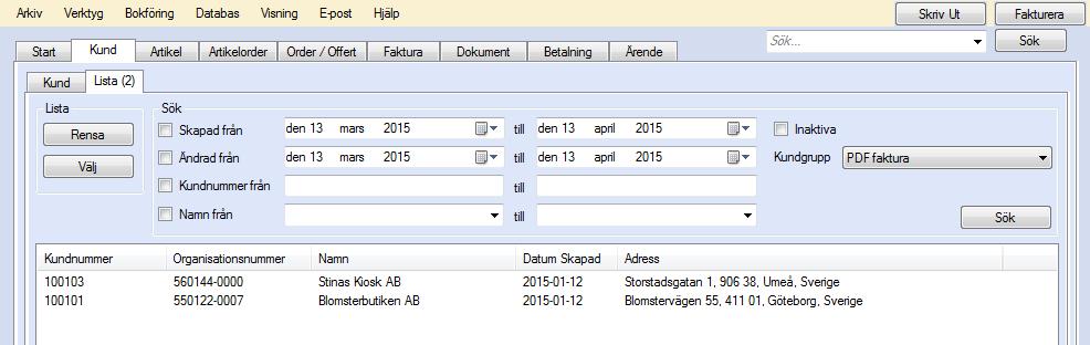 EconExact Manual - Sökfunktioner som ska sökas inom. Precis som med övriga liknande sökfunktioner i programmet listas alla kunder om ett sök görs utan att några sökalternativ angetts. Figur 106.