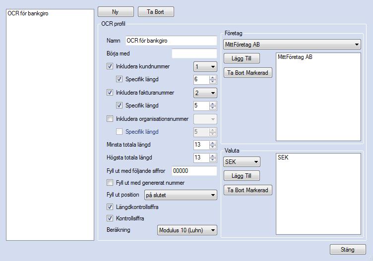 EconExact Manual - OCR-nummer Figur 115. OCR-nummerfunktionen möjliggör att skapa ett unikt OCR för varje faktura Knappen Ny lägger till en ny profil och denna bör tilldelas ett beskrivande Namn.