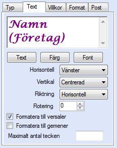 EconExact Manual - Utskriftsmall Text och textinställningar Textinställningar såsom typsnitt, färg o.s.v. och inställningar för hur texten ska visas finns under fliken Text. Figur 124.