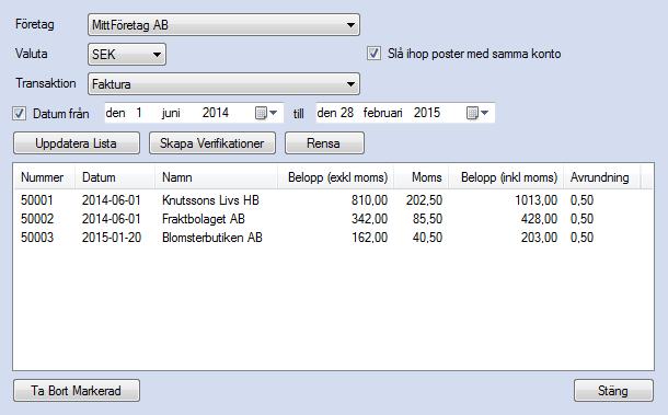 EconExact Manual - Bokföring Figur 143. Verifikationer kan enkelt skapas för alla transaktioner Skapa verifikationer: 1 Välj "Företag" och välja "SEK" som "Valuta" i rullgardinsmenyerna.
