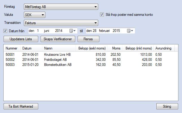 EconExact Manual - Bokföring Figur 143. Verifikationer kan enkelt skapas för alla transaktioner Skapa verifikationer: 1 Välj "Företag" och välja "SEK" som "Valuta" i rullgardinsmenyerna.