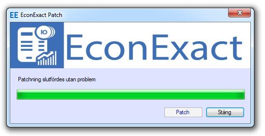 EconExact Manual - Felrapportering Figur 160. Patchningen (uppdateringen) slutfördes Tryck därefter på Stäng. Om uppdateringen startades från menyn i EconExact startas programmet igen.