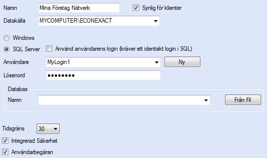 EconExact Manual - Anslutningar Figur 16. Inställningarna för anslutningen efter att ett nytt SQL login (MyLogin1) skapats för användning över nätverk.