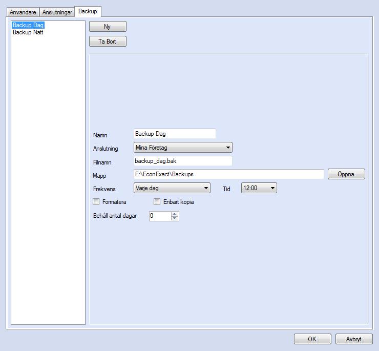 EconExact Manual - Backup via Server systemet används dagligen med dagliga ändringar till databasen bör backup möjligtvis tas en eller flera gånger per dag. Figur 19.