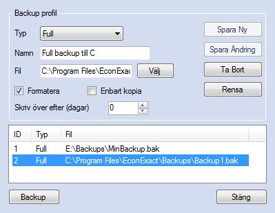 EconExact Manual - Backup via Klient Figur 24. Backup kan enkelt utföras via klienten med hjälp av backupprofiler Det finns två olika typer; Full och Differential.