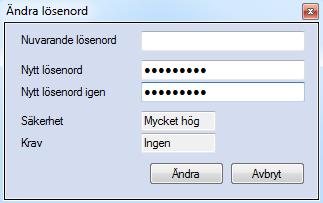 EconExact Manual - Lokala inställningar Figur 26. Lösenordet för varje användare kan ändras via klienten Om användaren inte har något lösenord lämnas fältet Nuvarande lösenord tomt.