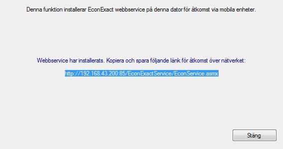 EconExact Manual - EconExact i Mobilen Figur 30. Lyckad installation av EconExact webbservice Om installationen lyckades visas ovanstående fönster med en länk till webbservices.