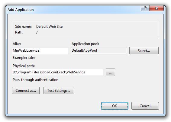 EconExact Manual - EconExact i Mobilen Figur 32. Lägg till en ny webbservice i IIS Ange Alias och sökvägen till filerna för webbservicen (Path) och tryck på OK för att lägga till en ny webbservice.