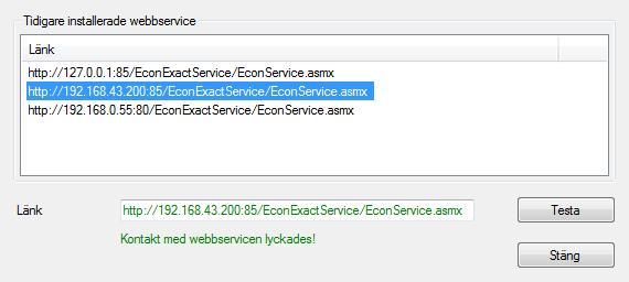 EconExact Manual - EconExact i Mobilen Figur 33. Test av EconExact webbservice I textboxen Länk anges adressen till webbservicen som ska testas följt av ett tryck på knappen Testa.