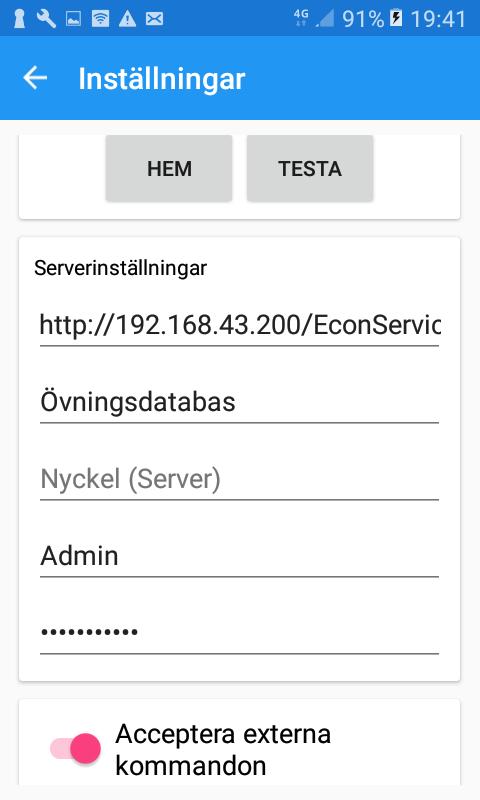 EconExact Manual - Mobil-appen Figur 35. Inställningar i appen I det översta fältet anges länken till webbservicen som appen ska kopplas mot.