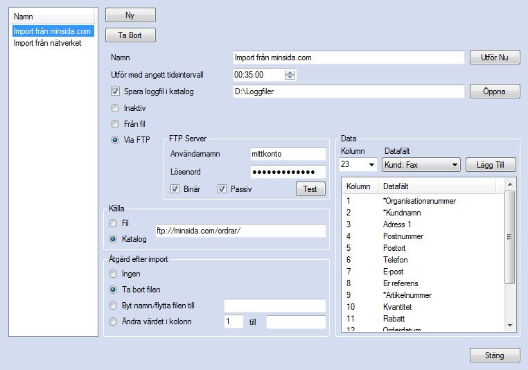 EconExact Manual - Import Figur 61. Profiler för schemalagd import kan skapas för automatisk import av kunder, artiklar och ordrar Namn anger namnet på profilen och är obligatoriskt, d.v.s. varje profil måste ha ett namn på minst ett tecken.