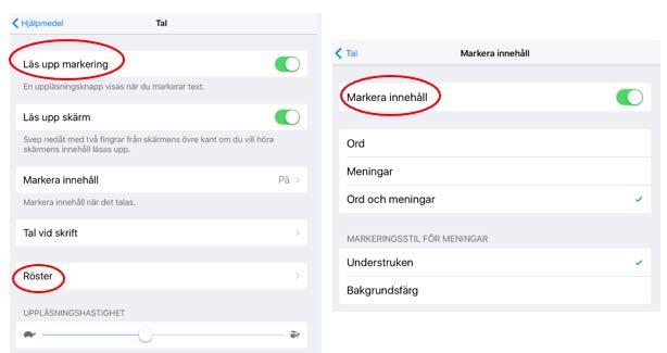 Läs- och skrivstöd Inställningar för lässtöd Läs upp markering betyder att text som markeras läses med talsyntes, t ex i ett