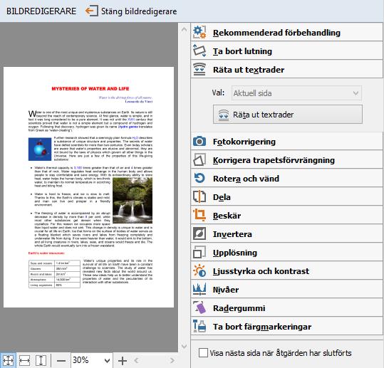 Den vänstra delen av BILDREDIGERARE innehåller sidan i FineReader dokumentet som valdes när du öpnade Bildredigering. Den högra delen innehåller flera flikar med verktyg för redigering av bilder. 2.