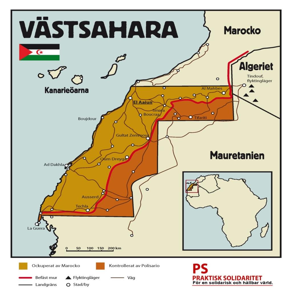 VÄSTSAHARA Västsahara är Afrikas sista koloni. Efter år av väpnad befrielsekamp, förd av Polisario, mot den spanska kolonialmakten, lämnade Spanien landet 1975.