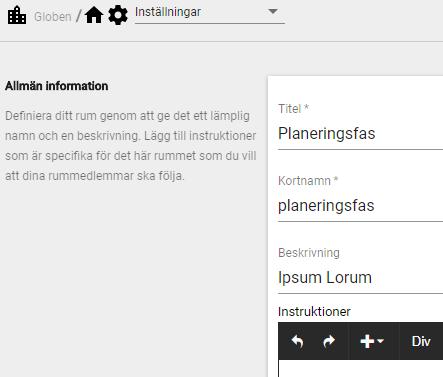 Arbetsområdesadministratören kan skapa ett nytt rum genom att välja Skapa rum från menyn för valt