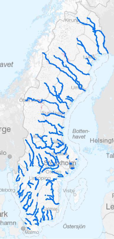 15 Figur 2 Karta över översvämningskarterade vattendrag i Sverige utförda av MSB. Källa Bakgrundskarta: Lantmäteriet. 2.1.3 Sjöar För de stora sjöarna Mälaren, Vänern och Vättern har plana ytor använts i analyserna.