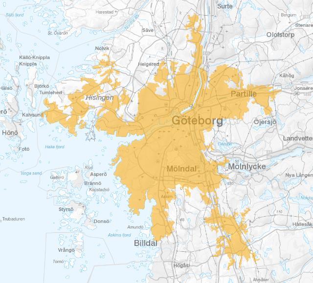 31 Figur 8 Tätortsavgränsningar för Göteborg (den del som ligger i Västra Götalands län) och Torslanda.