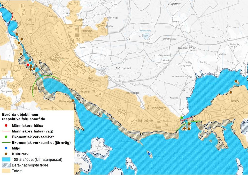 40 4.1.4 Falun Falun har identifierats utifrån översvämningsrisk från Dalälven. Karteringen av Dalälven med biflöden uppdaterades under 2015 av MSB.