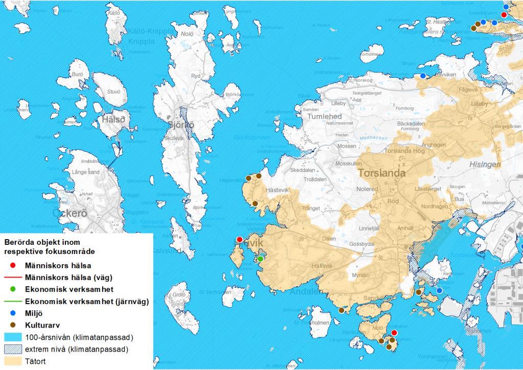 42 Figur 16 Berörda objekt för Torslanda inom respektive fokusområde inom området för 100-årsnivån för havet.