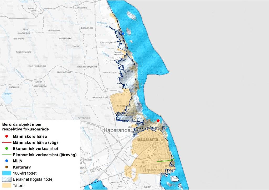 44 4.1.7 Haparanda Haparanda har identifierats utifrån översvämningsrisk från Torne älv. Karteringen av Torne älv genomfördes av MSB 2017. Inom området som berörs av 100-årsflödet finns 10 anställda.