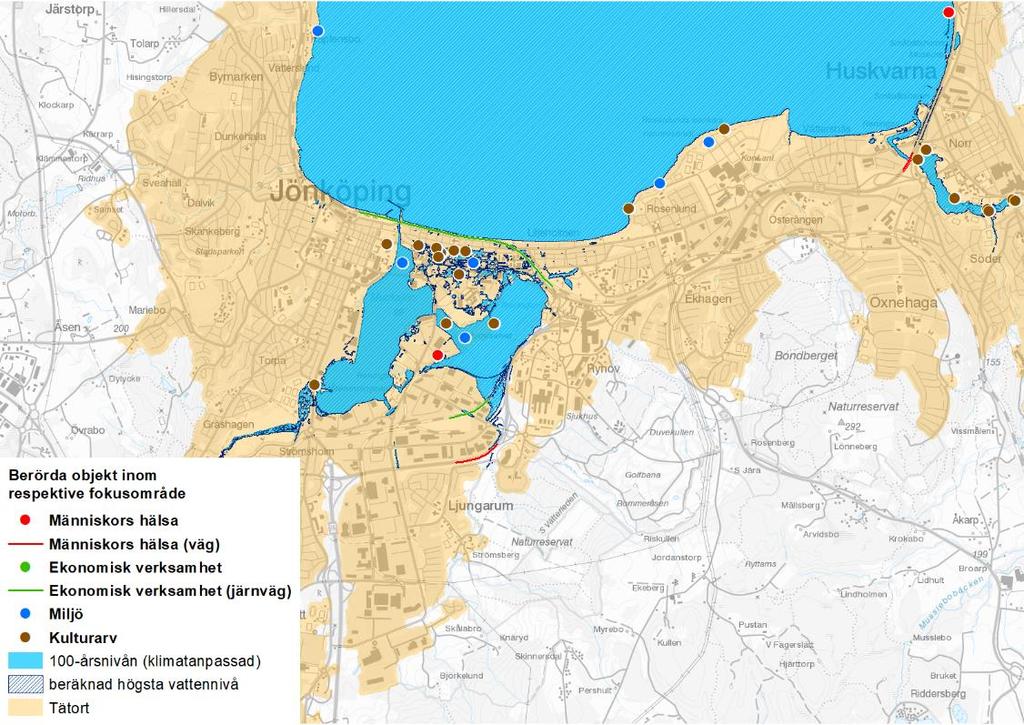 46 4.1.9 Jönköping Jönköping har identifierats utifrån översvämningsrisk från Vättern. Inom området som berörs av 100-årsnivån finns 252 boende och 185 anställda.