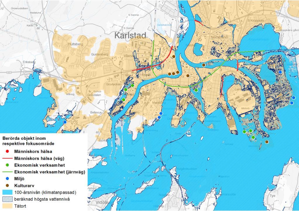 Figur 26 Berörda objekt inom respektive fokusområde inom området för 100-årsnivån.