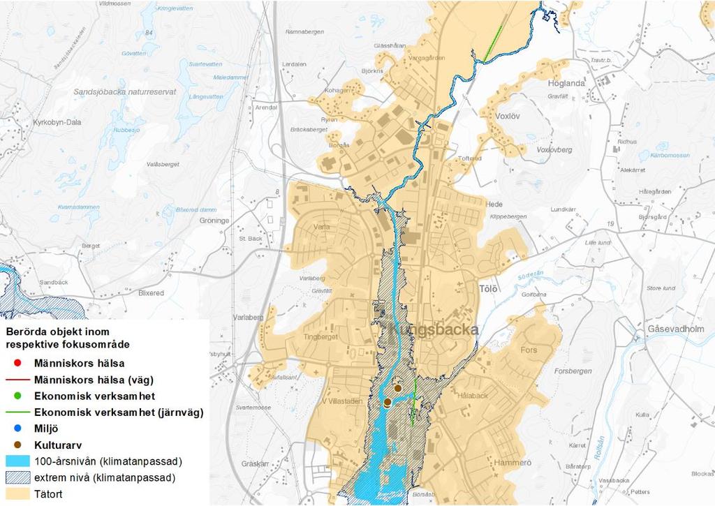 Figur 31 Berörda objekt inom respektive fokusområde inom området för 100-årsnivån för havet.