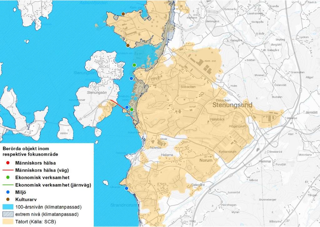 60 4.1.20 Stenungsund Stenungsund har identifierats utifrån översvämningsrisk från havet. Inom området som berörs av 100-årsnivån finns 192 boende och 931 anställda.
