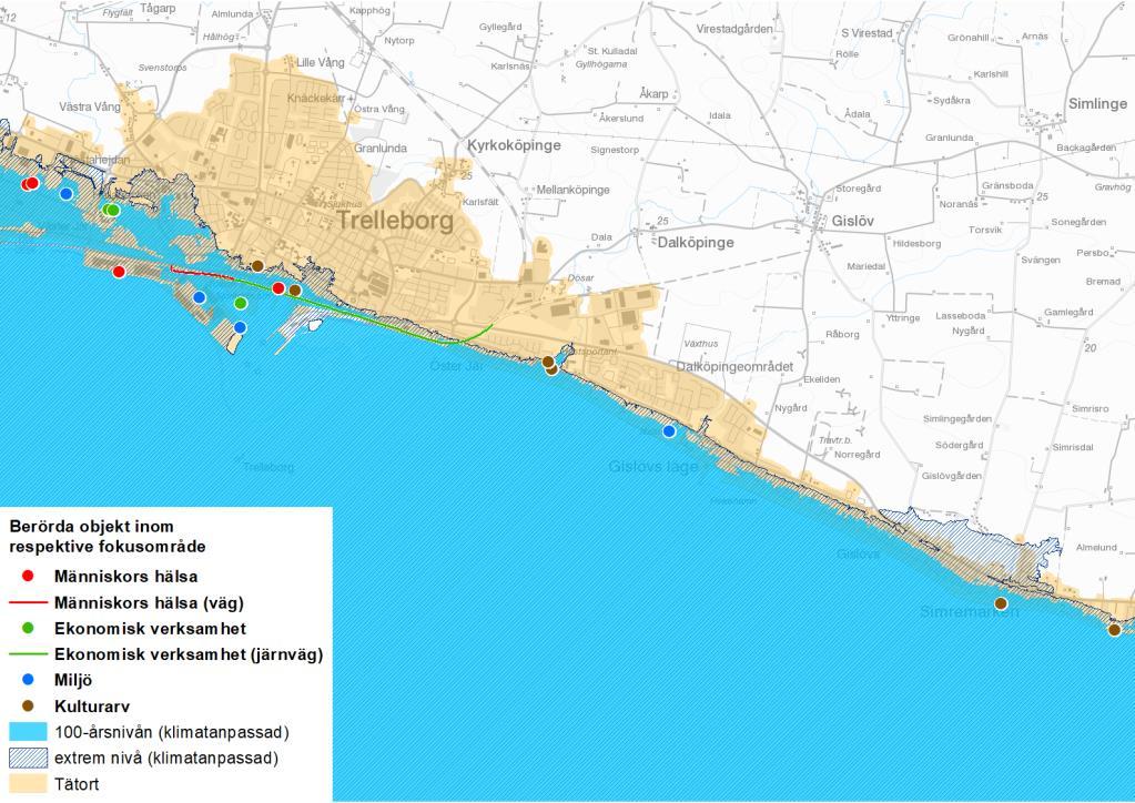 62 4.1.22 Trelleborg Trelleborg har identifierats utifrån översvämningsrisk från havet. Inom området som berörs av 100-årsnivån finns 2 655 boende och 1 702 anställda.