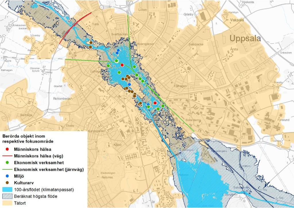 64 4.1.24 Uppsala Uppsala har identifierats utifrån översvämningsrisk från Fyrisån. Karteringen av Fyrisån uppdaterades under 2013 av MSB.