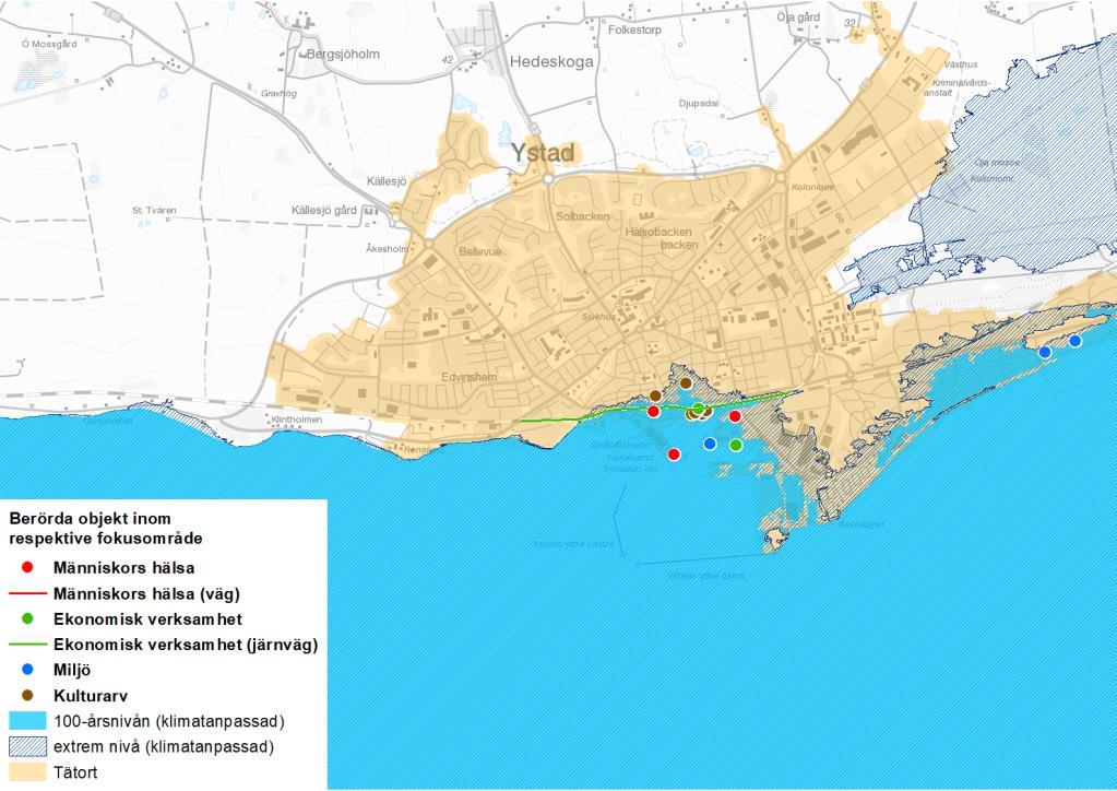 65 4.1.25 Ystad Ystad har identifierats utifrån översvämningsrisk från havet. Inom området som berörs av 100-årsnivån finns 288 boende och 544 anställda.