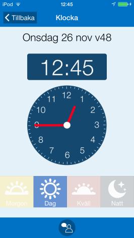 12. Klockvy I Klockvyn kan man se datum, klockan och vilken tid det är på dygnet. Man kan komma till Klockvyn på två sätt: 1. Trycka på Meny-knappen i Kalendervyn och där välja Klocka. 2.