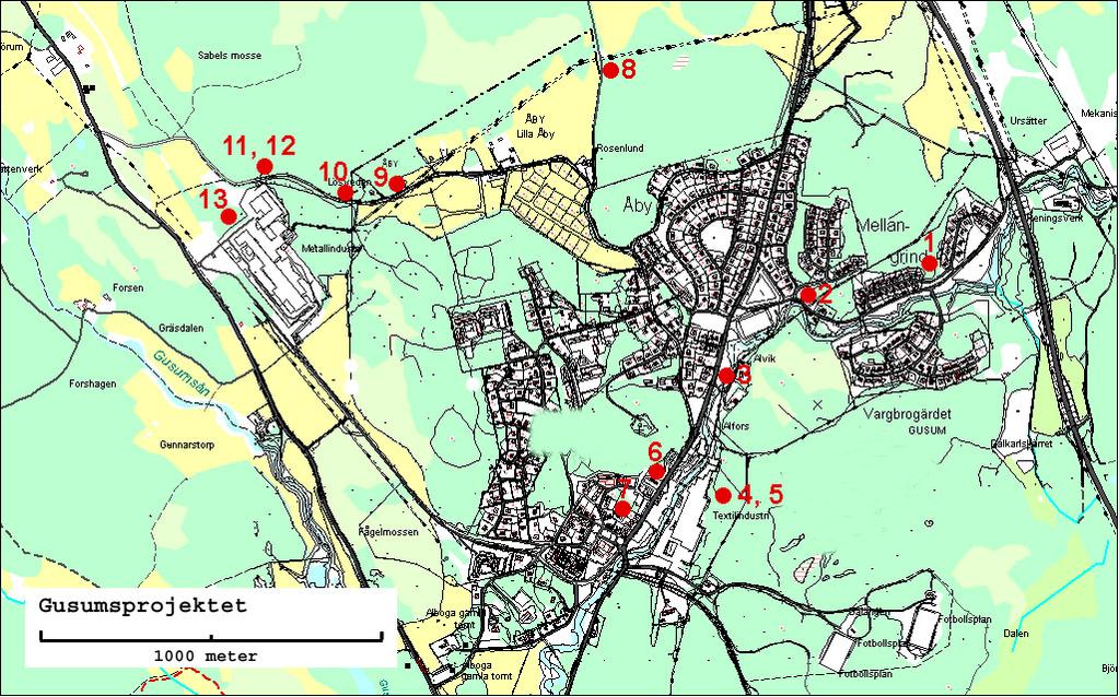 Bilaga 5. Karta över punkter för provtagning av mark på olika avstånd från Gamla Bruksområdet respektive Bruket i Gräsdalen.