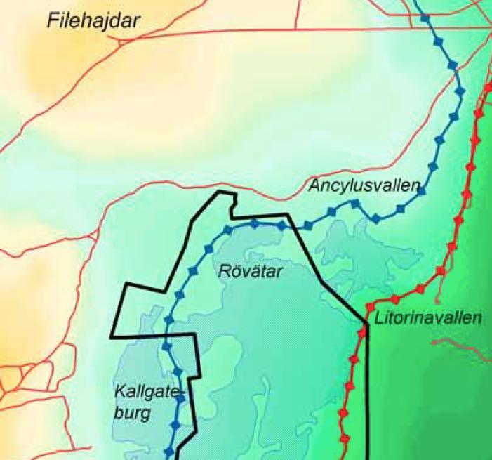 Figur 2. Läget för strandvallar från Ancylyssjön och Litorinahavet (kartan är hämtad ur bevarandeplanen för Hejnum Kallgate (Länsstyrelsen Gotlands län 2005a)).