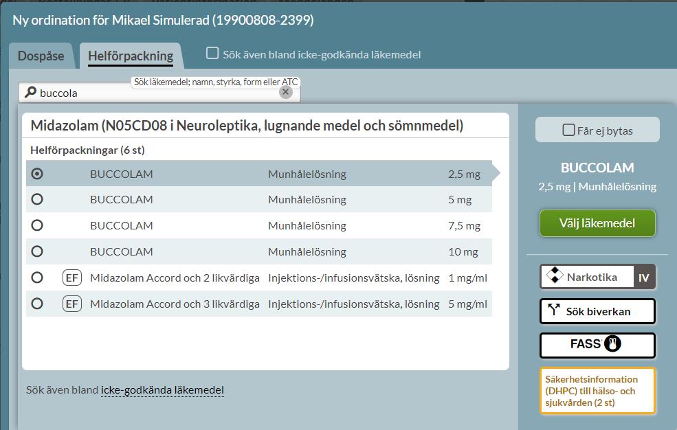 Säkerhetsinformation från Läkemedelsverket Om det finns viktigt säkerhetsinformation från Läkemedelsverket för ett preparat, en s.k. DHPC visas information om det vid förskrivning av det läkemedlet bland de andra beslutsstöden ute till höger.