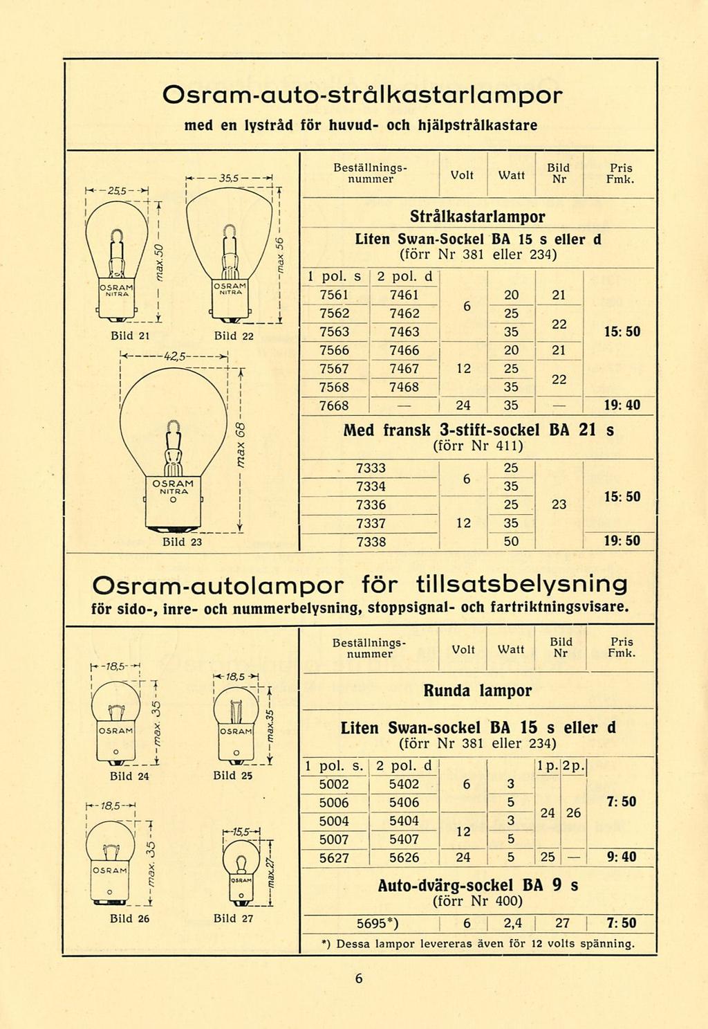 24 Volt ~ i... ~ Bild 27 Osram-auto-strålkastarlampor med en lystrad för huvud- och hjälpstrålkastare Beställnings- Bild Pris! nummer V* 3 " Nr Fmk.