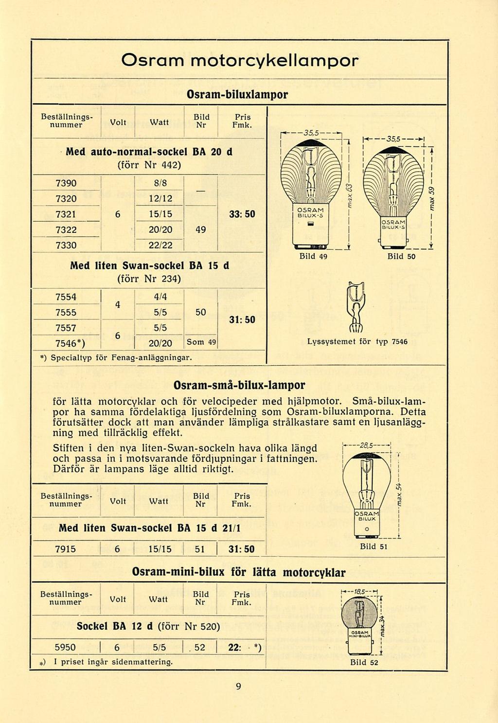 ', i Osram motorcykellampor Osram-biluxlampor Beställnings- Bild Pris j nummer Volt Watt Nr Fmk.