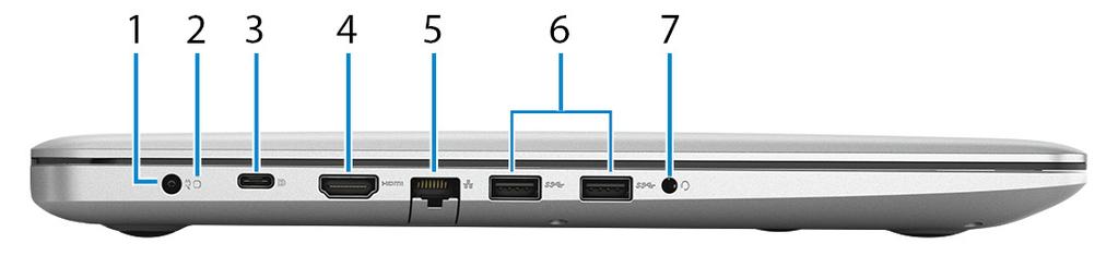 Vyer Vänster 1 Nätadapterport Anslut en nätadapter för att förse datorn med ström och ladda batteriet.