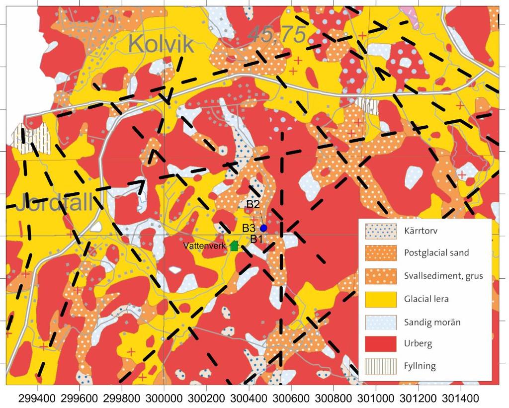 4 Geohydrologiska förutsättningar 4.1 Topografi Vattentäktsområdet ligger ca 1 km öster om Gullmarn. Markytan stiger snabbt mot öster och ligger på +70 vid uttagsbrunnarna.