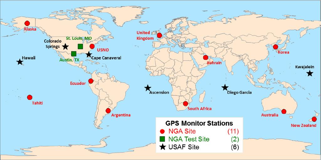 Kontrollsegmentet - 6 kontrollstationer för GPS-systemet finns utplacerade längs ekvatorn - Huvudledningscentralen