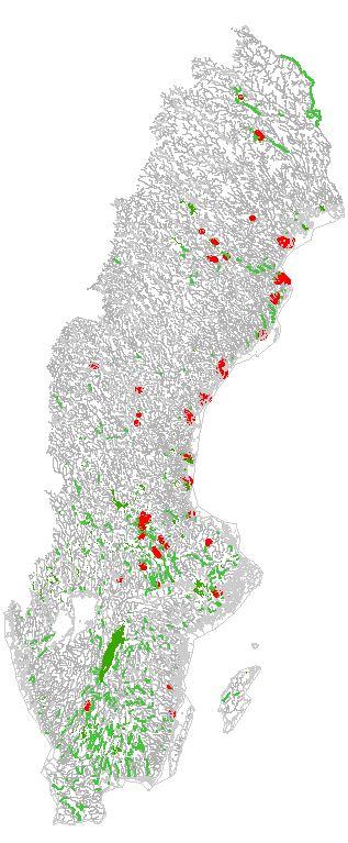 Figur 1: Vattenförekomster i Sverige där beräkningar gjorts för biotillgänglig halt koppar.